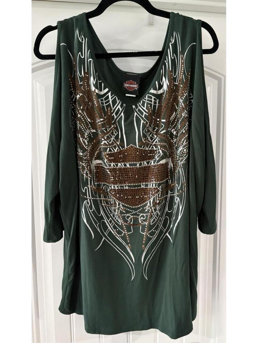Harley-Davidson Women’s XL Green Oversized Cold Shoulder Embellished Tunic Top